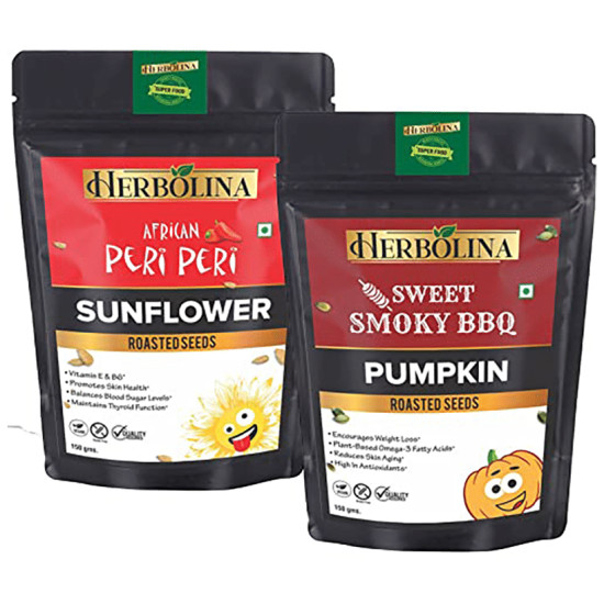 Herbolina Pumpkin & Sunflower Roasted Seeds (150gm Each) African Peri Peri & Sweet Smoky BBQ image