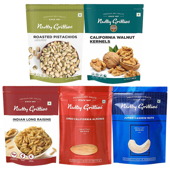 Nutty Gritties Combo Pack of Roasted Pistachios, California Walnut Kernels, Indian Long Raisins, Jumbo California Almonds, Jumbo Cashew Nuts (200gm Each) image