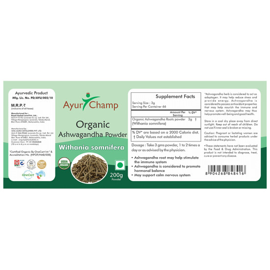 Ayur Champ Organic Ashwagandha Withania Somnifera Powder image