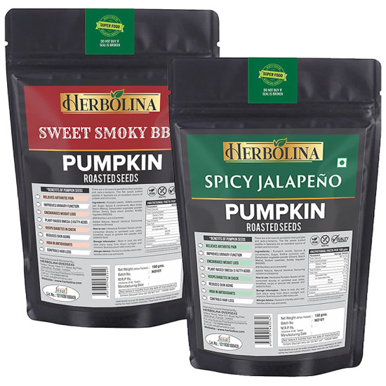 Herbolina Pumpkin Roasted Seeds (150gm Each) Sweet Smoky BBQ & Spicy Jalapeno image