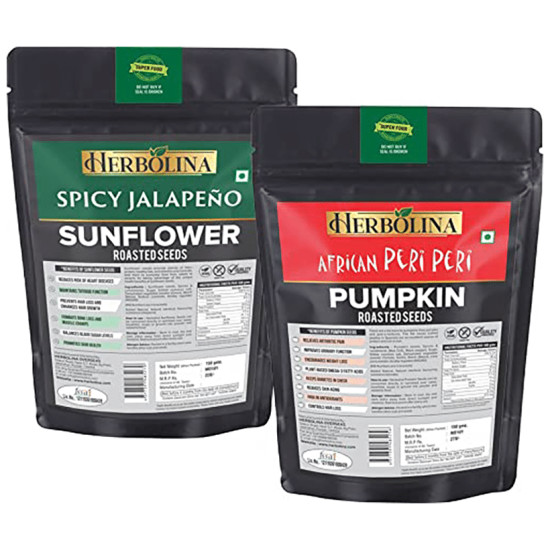 Herbolina Combo Pack of Pumpkin & Sunflower Roasted Seeds (150gm Each) Spicy Jalapeno & African Peri Peri image