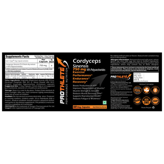 Prothlete Cordyceps Sinensis 750mg Veg Capsule image