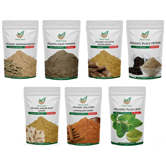 Mewar Impex Combo of 7 Giloy, Mulethi, Ashwagandha, Ginger Root, Tulsi Leaf, Black Pepper & Dalchini Powder (100gm Each) image