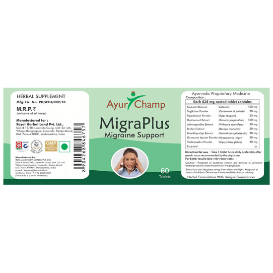 Ayur Champ Migraplus Migraine support Tablet image