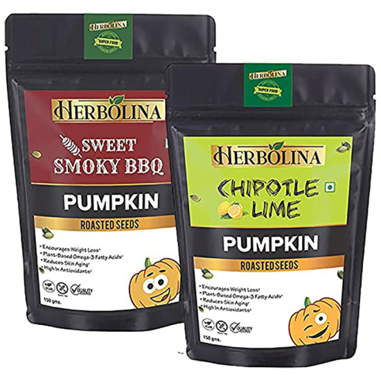 Herbolina Pumpkin Roasted Seeds (150gm Each) Chipotle Lime & Sweet Smoky BBQ image