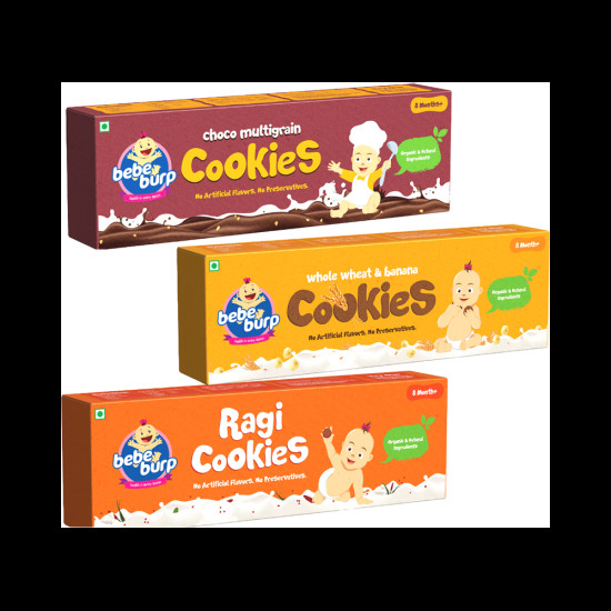 Bebe Burp Combo Pack of 8M+ Cookies (150gm Each) Whole Wheat & Banana, Ragi And Choco Multigrain image