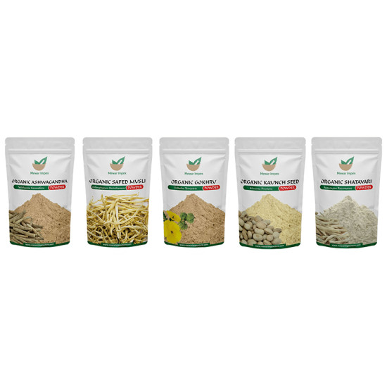 Mewar Impex Combo Pack of Organic Safed Musli Powder, Organic Ashwagandha Powder, Organic Kaunch Seed Powder, Organic Gokhru Powder & Organic Shatavari Powder (100gm Each) image