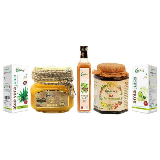 Nutriorg Immunity Booster Kit ( Desi Gir Cow Ghee 500ml, Vedic Chyawanprash 500gm, Immunity Booster Juice 500ml & Get Amla Juice, Aloevera Juice 300ml Each free) image