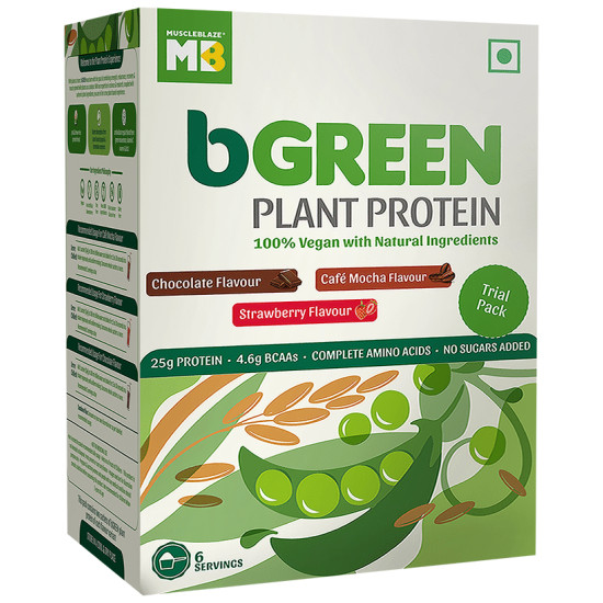 MuscleBlaze bGreen Plant Protein Trial Pack Chocolate 2 , Strawberry 2 , Cafe Mocha 2 image