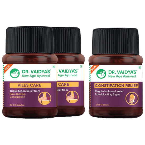 Dr. Vaidya's Combo Pack of 2 Bottle of Piles Care Capsule and 1 Bottle of Constipation Relief Tablet (30 Each) image