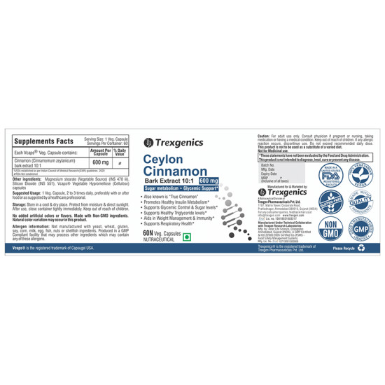 Trexgenics Ceylon Cinnamon 600mg Veg Capsule image