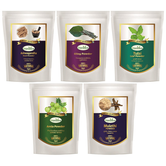 Bioneeva Herbs Combo Pack of Ashwagandha Root Powder, Giloy Powder, Tulsi Leaf Powder, Amla Powder & Mulethi Powder (100gm Each) image