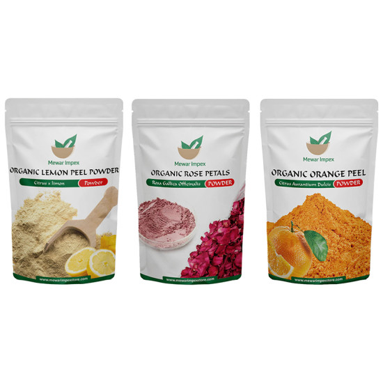 Mewar Impex Combo Pack of Organic Rose Petals Powder, Organic Lemon Peel Powder & Organic Orange Peel Powder (100gm Each) image