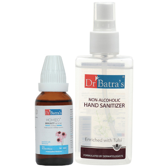 Dr Batra's Combo Pack of Homeo+ Immunity Medicine Oral Drops 30ml and Non-Alcoholic Hand Sanitizer 100ml image