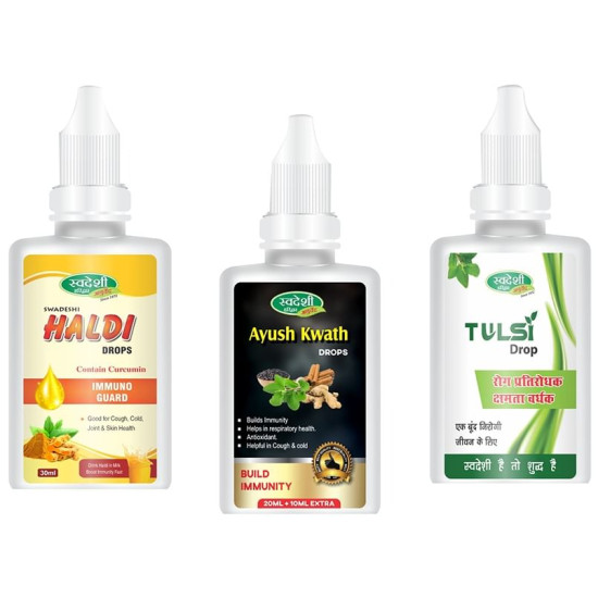 Swadeshi Covid Immunity Shield Combo Pack of Ayush Kwath Drops 30ml, Tulsi Drop 15ml & Haldi Drops 30ml with Digstv Amla Sweet Candy 100gm Free image