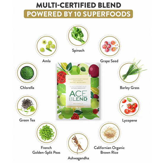 Ace Blend 20gm Complete Plant Protein Multi-Greens Natural Antioxidants Sachet (35gm Each) Rich Vanilla image