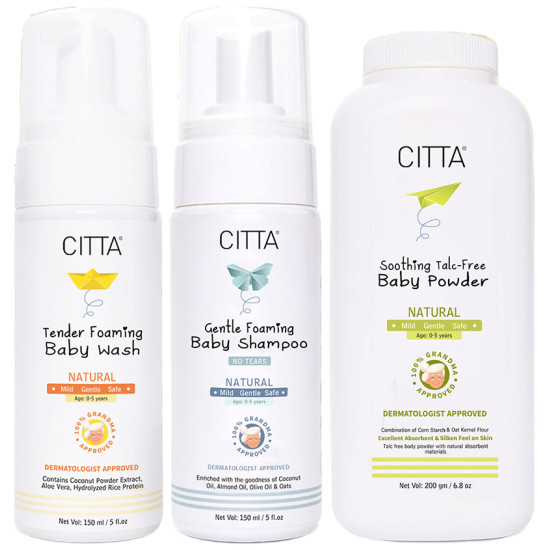 Citta Combo Pack of Tender Foaming Baby Wash 150ml, Gentle Foaming Baby Shampoo 150ml & Soothing Talc-Free Baby Powder 200gm image