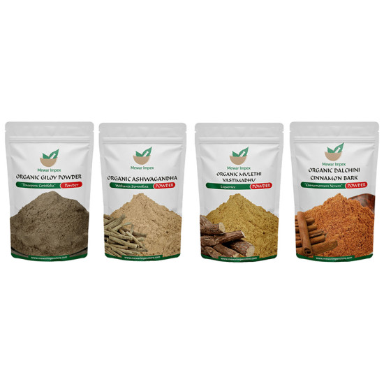 Mewar Impex Combo Pack of Organic Giloy Powder, Organic Mulethi Yastimadhu Powder, Organic Ashwagandha Powder & Organic Dalchini Cinnamon Bark Powder (100gm Each) image