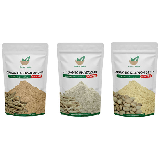 Mewar Impex Combo Pack of Organic Ashwagandha Powder,Organic Kaunch Seed Powder & Organic Shatavari Powder (100gm Each) image