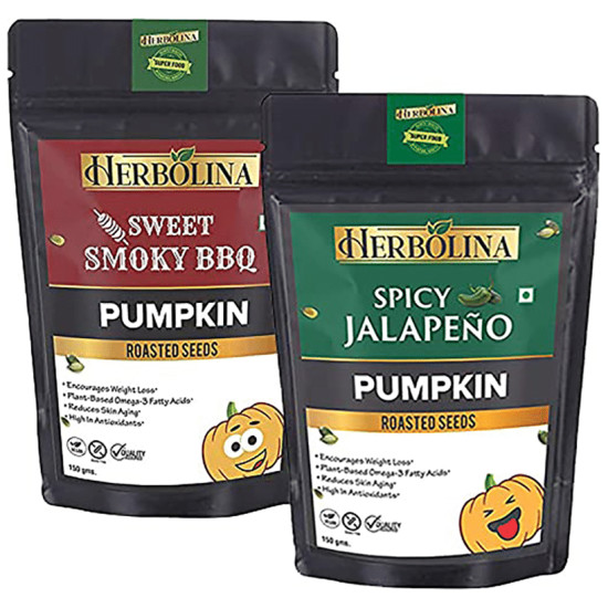 Herbolina Pumpkin Roasted Seeds (150gm Each) Sweet Smoky BBQ & Spicy Jalapeno image