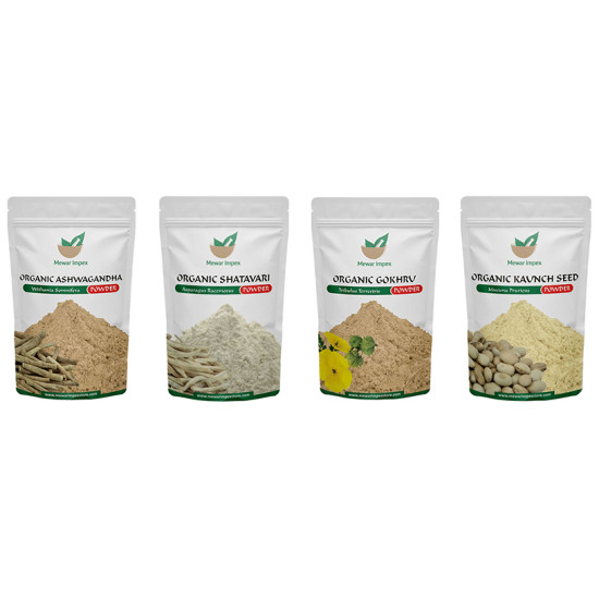 Mewar Impex Combo Pack of Organic Ashwagandha Powder, Organic Kaunch Seed Powder, Organic Gokhru Powder & Organic Shatavari Powder (100gm Each) image