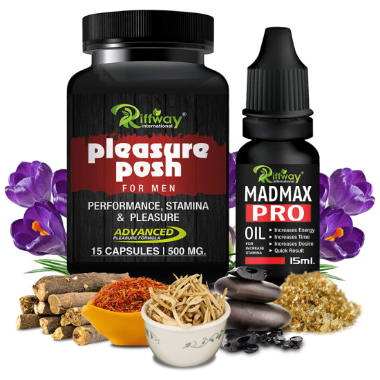 Riffway International Combo Pack of Pleasure Pose For Men 15 Capsule & Madmax Pro Oil 15ml image