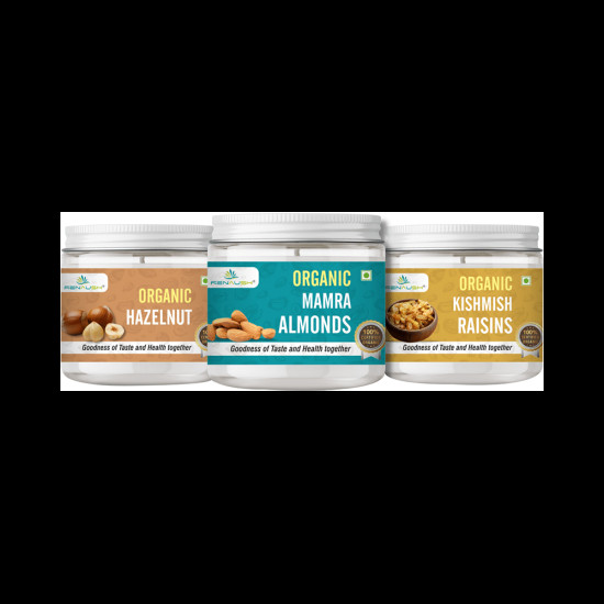 Renaush Combo Pack of Organic Hazelnut, Mamra Almonds & Kishmish Raisins (250gm Each) image