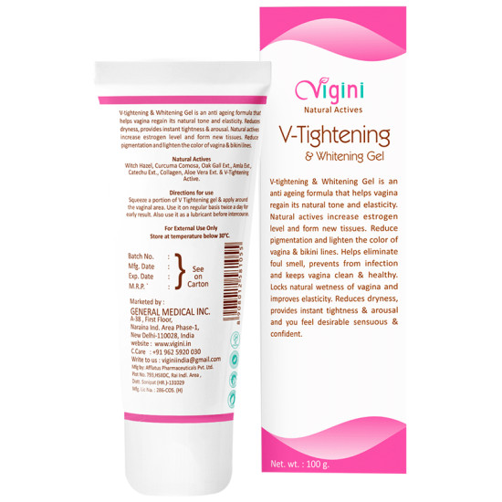 Vigini Combo Pack of V-Tightening & Whitening Gel 100gm, Lubricating Cum Stimulating Gel 100gm and Erase Marks Massage Oil 100ml image