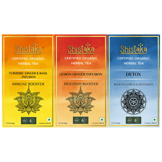 Shistaka Combo Pack of Certified Organic Herbal Tea (1.8gm Each) Turmeric Ginger & Basil Infusion,Lemon Ginger Infusion & Detox image