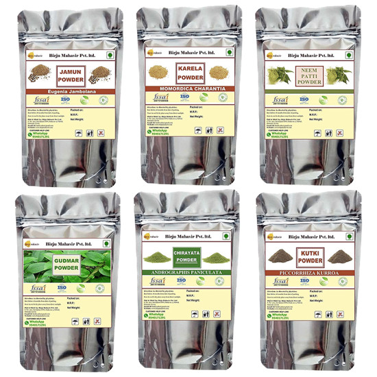 Birju Mahavir Combo Pack of Jamun Powder, Karela Powder, Neem Patti Powder, Gudmar Powder, Chirayata Powder & Kutki Powder (1100gm Each) image