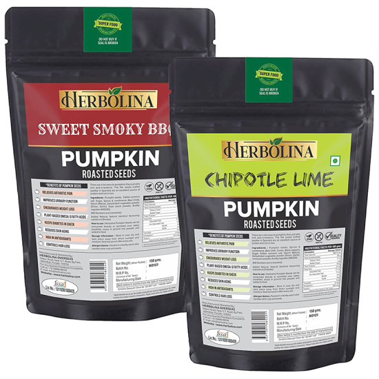 Herbolina Pumpkin Roasted Seeds (150gm Each) Chipotle Lime & Sweet Smoky BBQ image