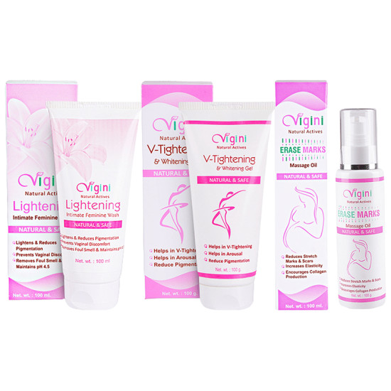 Vigini Combo Pack of V-Tightening & Whitening Gel 100gm, Erase Marks Massage Oil 100ml and Lightening Intimate Feminine Wash 100ml image