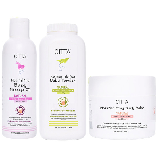 Citta Combo Pack of Nourishing Baby Massage Oil 200ml, Soothing Talc-Free Baby Powder 200gm & Moisturizing Baby Balm 200gm image