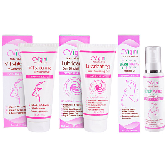 Vigini Combo Pack of V-Tightening & Whitening Gel 100gm, Lubricating Cum Stimulating Gel 100gm and Erase Marks Massage Oil 100ml image