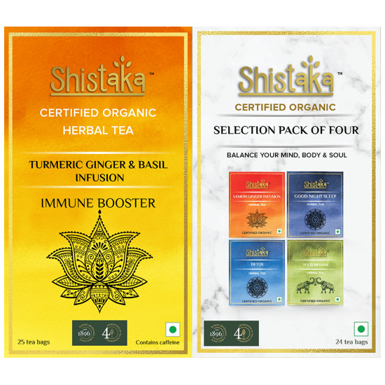 Shistaka Combo Pack of Certified Organic Herbal Tea (1.8gm Each) Selection Pack of Four & Turmeric Ginger & Basil Infusion image