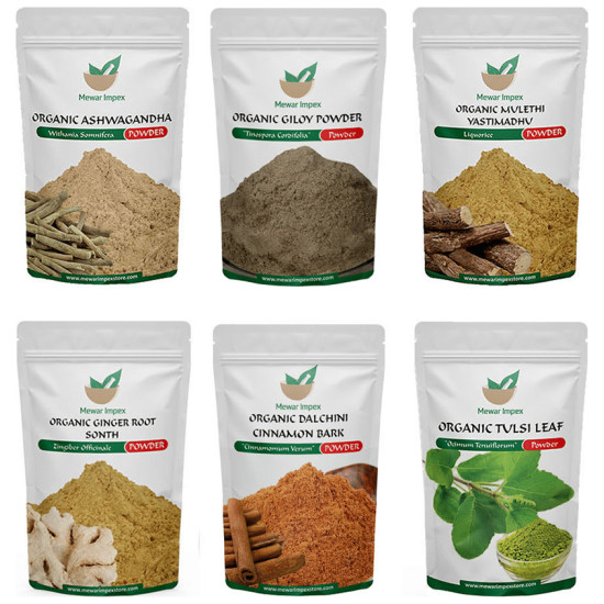 Mewar Impex Combo of 6 Giloy, Mulethi, Ashwagandha, Ginger Root, Tulsi Leaf & Dalchini Powder (100gm Each) image