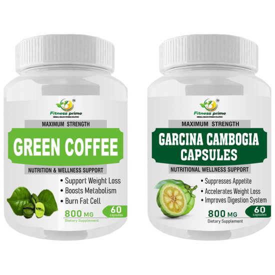 Fitness Prime Combo Pack of Maximum Strength Green Coffee Nutrition & Wellness Support Capsule & Maximum Strength Garcina Cambogia Nutritional Wellness Support 800mg Capsule (60 Each) image