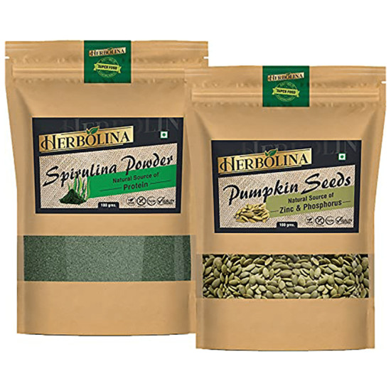 Herbolina Combo Pack of Spirulina Powder & Pumpkin Seeds (100gm Each) image