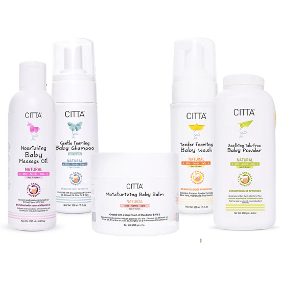 Citta Combo Pack of Nourshing Baby Massage Oil 200ml, Gentle Foaming Baby Shampoo 150ml, Moisturizing Baby Balm 200gm, Tender Foaming Baby Wash 150ml & Soothing Talc-Free Baby Powder 200gm image