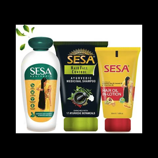 Sesa Combo Pack of 1 Bottle of Ayurvedic Hair Oil 100ml, 1 Tube of Hair Fall Control Ayurvedic Medicinal Shampoo 100ml & 1 Tube of Hair Oil In-Lotion 50ml image