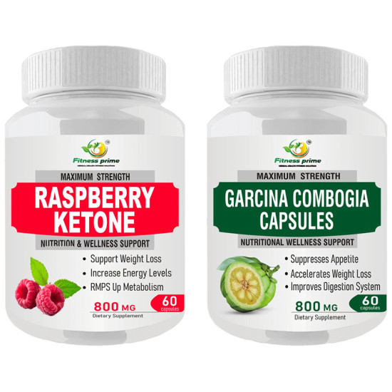 Fitness Prime Combo Pack of Maximum Strength Raspberry Ketone Nutrition & Wellness Support Capsule & Maximum Strength Garcina Combogia Nutritional Wellness Support 800mg Capsule (60 Each) image