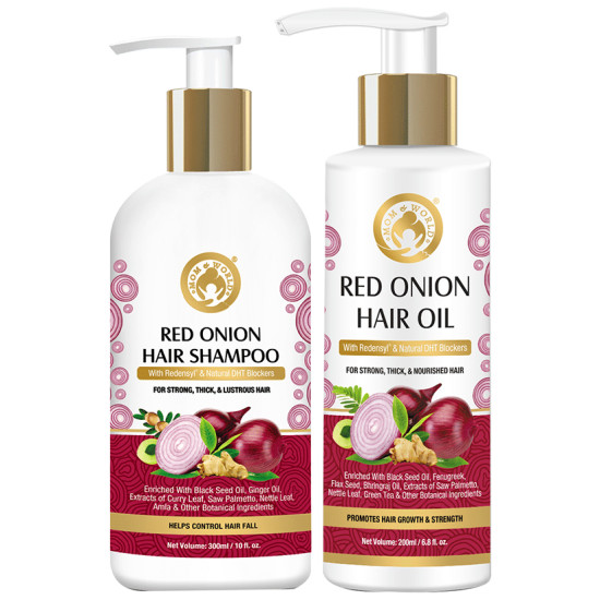 Mom & World Combo Pack of Red Onion Hair Shampoo 300ml & Red Onion Hair Conditioner 200ml image