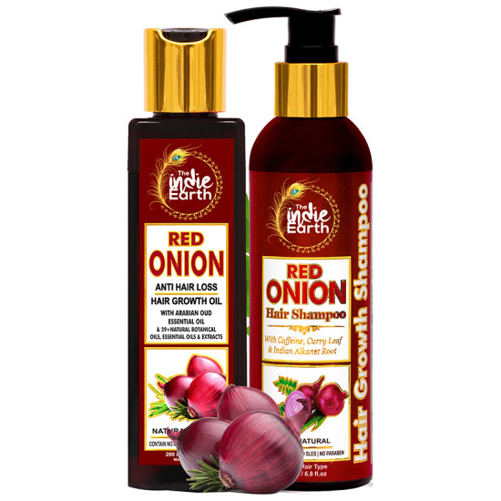 The Indie Earth Combo Pack of Red Onion Hair Shampoo & Red Onion Anti Hair Loss Hair Growth Oil (200ml Each) image