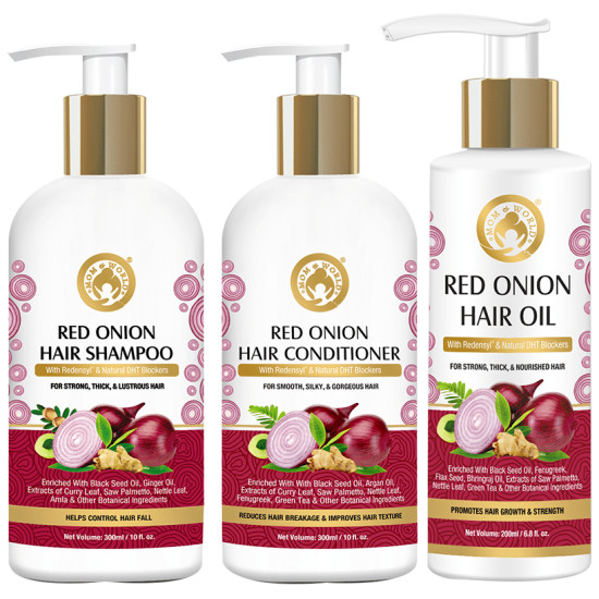 Mom & World Combo Pack of Red Onion Hair Shampoo 300ml, Red Onion Hair Conditioner 300ml & Red Onion Hair Oil 200ml image