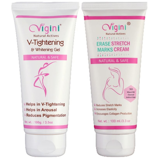 Vigini Combo Pack of Erase Stretch Marks Massage Cream 100gm and V-Tightening & Whitening Gel 100gm image