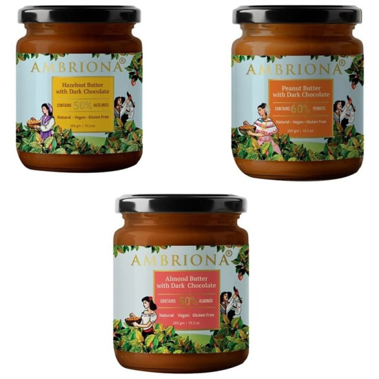 Ambriona Combo Pack of Hazelnut Butter with Dark Chocolate, Peanut Butter with Dark Chocolate and Almond Butter with Dark Chocolate (200gm Each) image