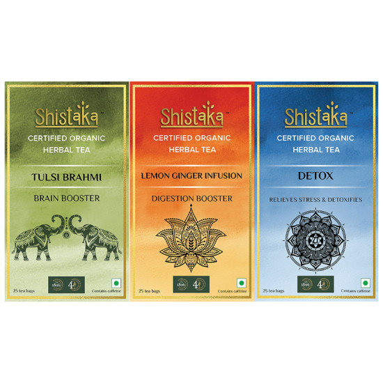 Shistaka Combo Pack of Certified Organic Herbal Tea (1.8gm Each) Tulsi Brahmi, Lemon Ginger Infusion & Detox image