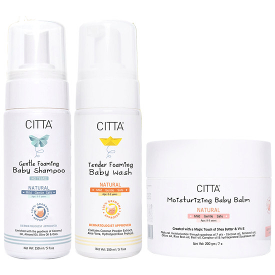 Citta Combo Pack of Gentle Foaming Baby Shampoo 150ml, Tender Foaming Baby Wash 150ml & Moisturizing Baby Balm 200gm image