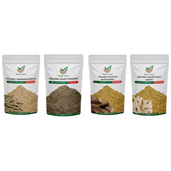 Mewar Impex Combo Pack of Organic Ashwagandha Powder, Organic Giloy Powder, Organic Ginger Root Sonth Powder & Organic Mulethi Yastimadhu Powder (100gm Each) image