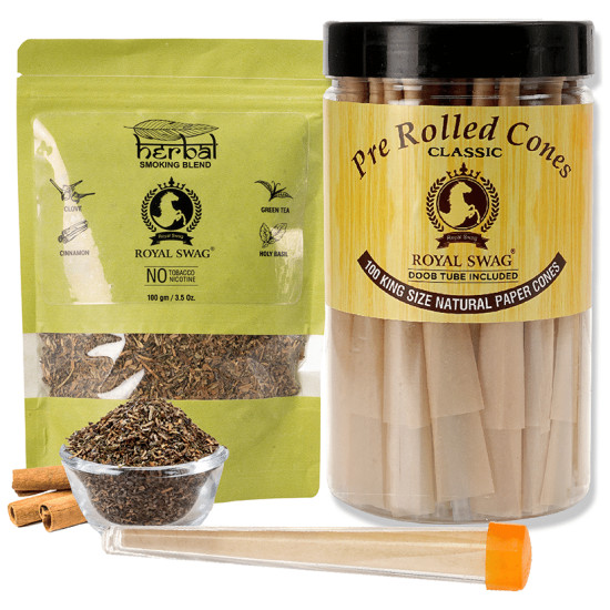 Royal Swag Combo Pack of Herbal Smoking Blend 100gm & Pre Rolled Cone 100 King Size image